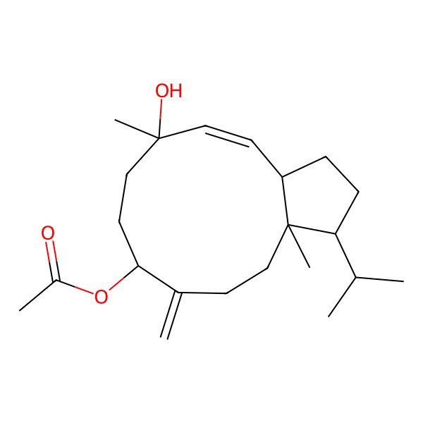 2D Structure of (6-hydroxy-6,12a-dimethyl-10-methylidene-1-propan-2-yl-2,3,3a,7,8,9,11,12-octahydro-1H-cyclopenta[11]annulen-9-yl) acetate