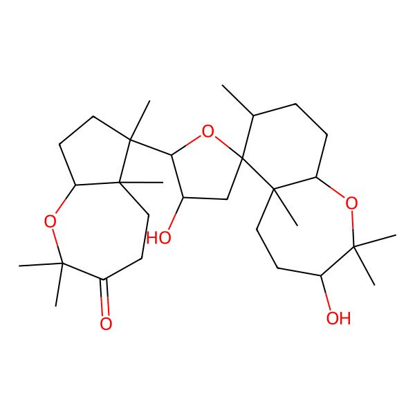 2D Structure of 6-(3,3'-dihydroxy-2,2,5a,7-tetramethylspiro[4,5,7,8,9,9a-hexahydro-3H-benzo[b]oxepine-6,5'-oxolane]-2'-yl)-2,2,5a,6-tetramethyl-5,7,8,8a-tetrahydro-4H-cyclopenta[b]oxepin-3-one