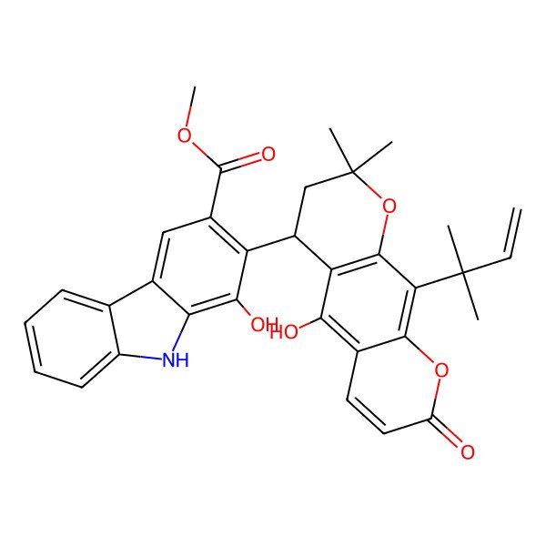 2D Structure of methyl 1-hydroxy-2-[(4S)-5-hydroxy-2,2-dimethyl-10-(2-methylbut-3-en-2-yl)-8-oxo-3,4-dihydropyrano[3,2-g]chromen-4-yl]-9H-carbazole-3-carboxylate