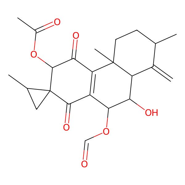 2D Structure of [(2S,2'R,3R,4bS,7R,8aS,9S,10S)-10-formyloxy-9-hydroxy-2',4b,7-trimethyl-8-methylidene-1,4-dioxospiro[5,6,7,8a,9,10-hexahydro-3H-phenanthrene-2,1'-cyclopropane]-3-yl] acetate