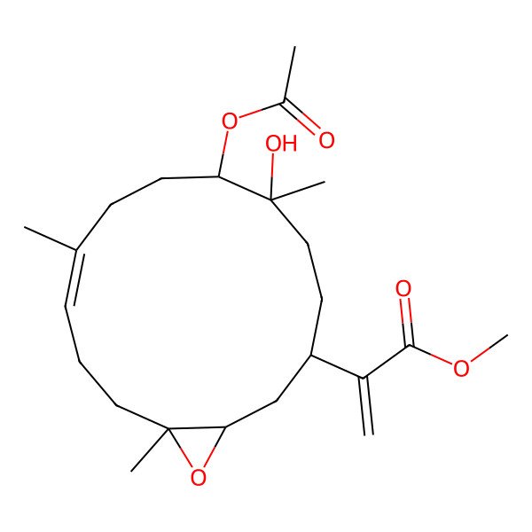 2D Structure of methyl 2-[(1S,3R,6S,7S,10E,14S)-7-acetyloxy-6-hydroxy-6,10,14-trimethyl-15-oxabicyclo[12.1.0]pentadec-10-en-3-yl]prop-2-enoate