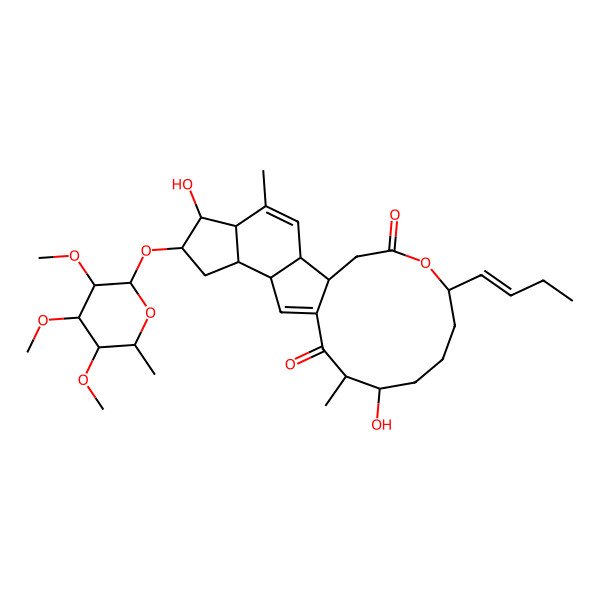 2D Structure of (1S,2S,5R,6S,7S,9S,10S,14R,15S,19R)-19-[(E)-but-1-enyl]-6,15-dihydroxy-4,14-dimethyl-7-[(2S,3R,4R,5S,6S)-3,4,5-trimethoxy-6-methyloxan-2-yl]oxy-20-oxatetracyclo[10.10.0.02,10.05,9]docosa-3,11-diene-13,21-dione
