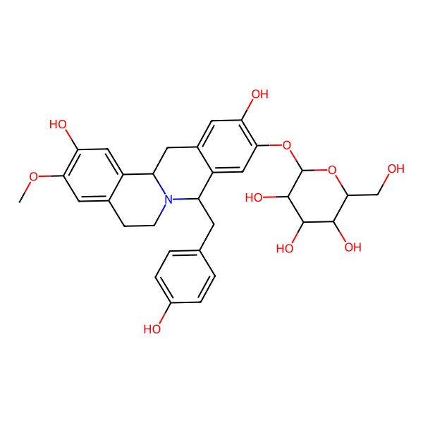 2D Structure of (2S,3R,4S,5S,6R)-2-[[(8S,13aR)-2,11-dihydroxy-8-[(4-hydroxyphenyl)methyl]-3-methoxy-6,8,13,13a-tetrahydro-5H-isoquinolino[2,1-b]isoquinolin-10-yl]oxy]-6-(hydroxymethyl)oxane-3,4,5-triol
