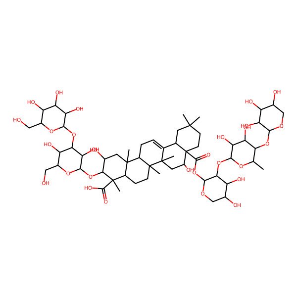 2D Structure of 3-[3,5-Dihydroxy-6-(hydroxymethyl)-4-[3,4,5-trihydroxy-6-(hydroxymethyl)oxan-2-yl]oxyoxan-2-yl]oxy-8a-[3-[3,4-dihydroxy-6-methyl-5-(3,4,5-trihydroxyoxan-2-yl)oxyoxan-2-yl]oxy-4,5-dihydroxyoxan-2-yl]oxycarbonyl-2,8-dihydroxy-4,6a,6b,11,11,14b-hexamethyl-1,2,3,4a,5,6,7,8,9,10,12,12a,14,14a-tetradecahydropicene-4-carboxylic acid