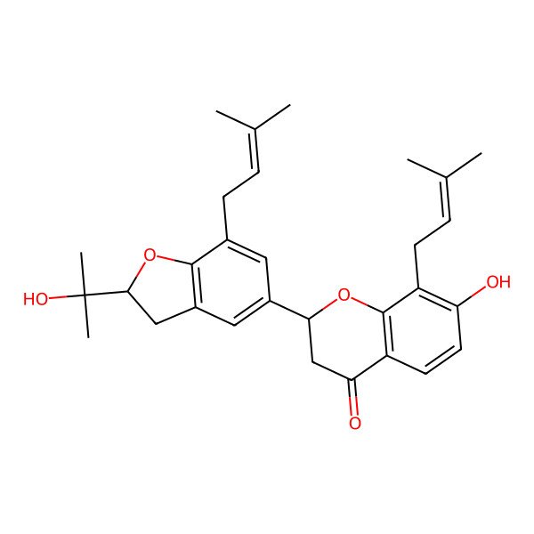 2D Structure of (2S)-7-hydroxy-2-[(2R)-2-(2-hydroxypropan-2-yl)-7-(3-methylbut-2-enyl)-2,3-dihydro-1-benzofuran-5-yl]-8-(3-methylbut-2-enyl)-2,3-dihydrochromen-4-one