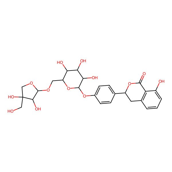 2D Structure of 3-[4-[6-[[3,4-Dihydroxy-4-(hydroxymethyl)oxolan-2-yl]oxymethyl]-3,4,5-trihydroxyoxan-2-yl]oxyphenyl]-8-hydroxy-3,4-dihydroisochromen-1-one