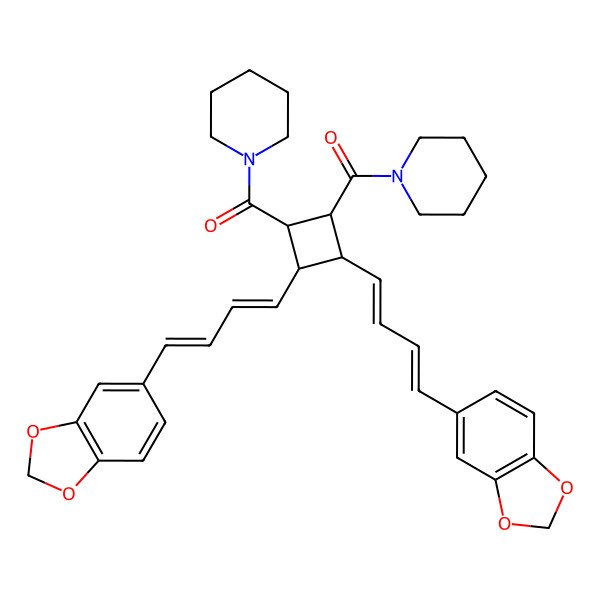 2D Structure of [2,3-Bis[4-(1,3-benzodioxol-5-yl)buta-1,3-dienyl]-4-(piperidine-1-carbonyl)cyclobutyl]-piperidin-1-ylmethanone
