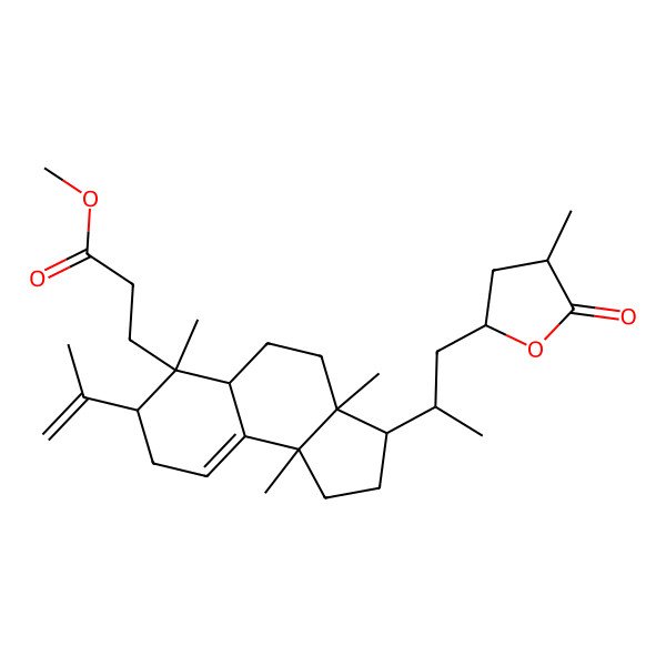 2D Structure of methyl 3-[(3R,3aR,5aS,6S,7S,9bR)-3a,6,9b-trimethyl-3-[(2R)-1-[(2R,4R)-4-methyl-5-oxooxolan-2-yl]propan-2-yl]-7-prop-1-en-2-yl-1,2,3,4,5,5a,7,8-octahydrocyclopenta[a]naphthalen-6-yl]propanoate