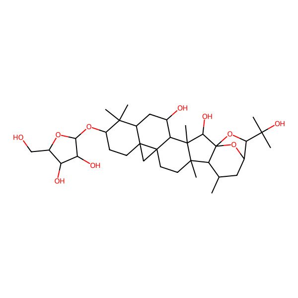 2D Structure of 9-[3,4-Dihydroxy-5-(hydroxymethyl)oxolan-2-yl]oxy-22-(2-hydroxypropan-2-yl)-3,8,8,17,19-pentamethyl-23,24-dioxaheptacyclo[19.2.1.01,18.03,17.04,14.07,12.012,14]tetracosane-2,5-diol