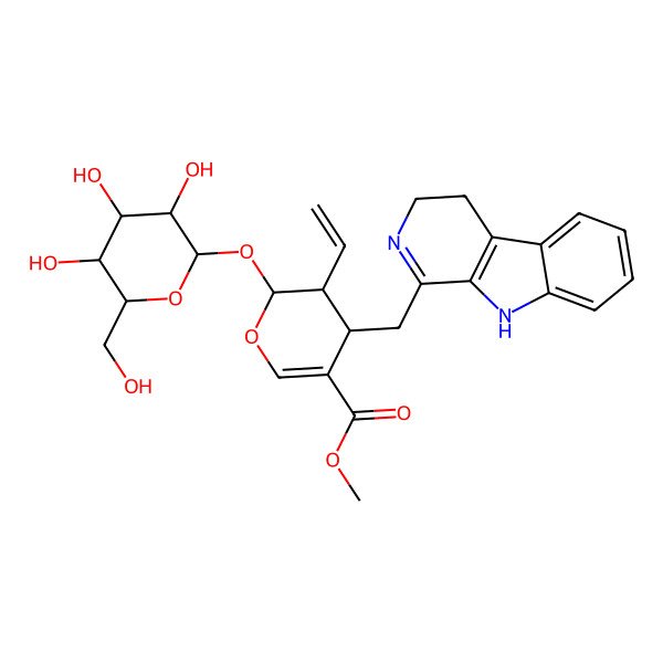 2D Structure of methyl 4-(4,9-dihydro-3H-pyrido[3,4-b]indol-1-ylmethyl)-3-ethenyl-2-[3,4,5-trihydroxy-6-(hydroxymethyl)oxan-2-yl]oxy-3,4-dihydro-2H-pyran-5-carboxylate
