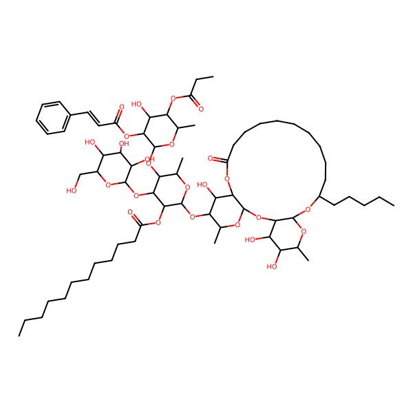 2D Structure of [(2S,3R,4R,5S,6S)-5-[(2S,3R,4R,5R,6S)-4-hydroxy-6-methyl-3-[(E)-3-phenylprop-2-enoyl]oxy-5-propanoyloxyoxan-2-yl]oxy-6-methyl-2-[[(1R,3S,5S,6R,7R,8R,20S,22R,24R,25R,26S)-7,25,26-trihydroxy-5,24-dimethyl-10-oxo-20-pentyl-2,4,9,21,23-pentaoxatricyclo[20.4.0.03,8]hexacosan-6-yl]oxy]-4-[(2S,3R,4S,5S,6R)-3,4,5-trihydroxy-6-(hydroxymethyl)oxan-2-yl]oxyoxan-3-yl] dodecanoate