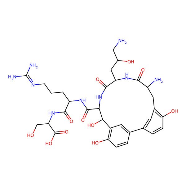 2D Structure of 2-[[2-[[14-Amino-11-(3-amino-2-hydroxypropyl)-5,7,17-trihydroxy-10,13-dioxo-9,12-diazatricyclo[14.3.1.12,6]henicosa-1(20),2(21),3,5,16,18-hexaene-8-carbonyl]amino]-5-(diaminomethylideneamino)pentanoyl]amino]-3-hydroxypropanoic acid