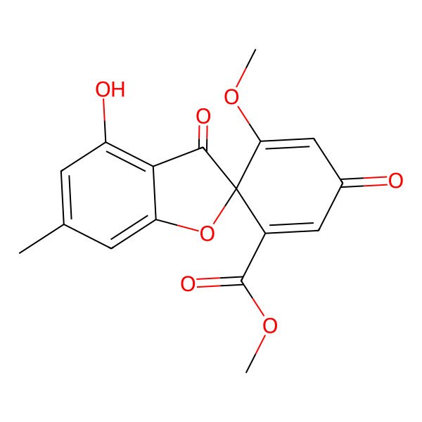 2D Structure of Methyl 4-hydroxy-6'-methoxy-6-methyl-3,4'-dioxospiro(benzofuran-2(3H),1'-(2,5)cyclohexadiene)-2'-carboxylate