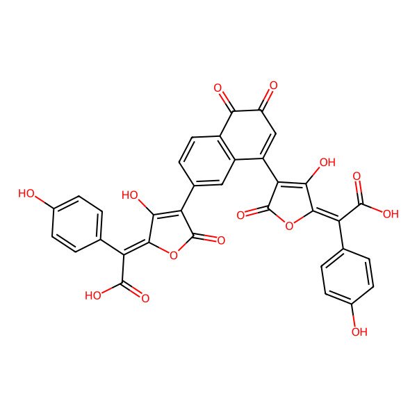 2D Structure of (2E)-2-[4-[8-[(5E)-5-[carboxy-(4-hydroxyphenyl)methylidene]-4-hydroxy-2-oxofuran-3-yl]-5,6-dioxonaphthalen-2-yl]-3-hydroxy-5-oxofuran-2-ylidene]-2-(4-hydroxyphenyl)acetic acid
