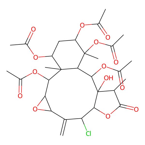2D Structure of [(1R,2R,3R,5R,7S,8R,11R,12R,13S,14S,15S,16R,18S)-2,13,15,16-tetraacetyloxy-7-chloro-12-hydroxy-1,11,15-trimethyl-6-methylidene-10-oxo-4,9-dioxatetracyclo[12.4.0.03,5.08,12]octadecan-18-yl] acetate