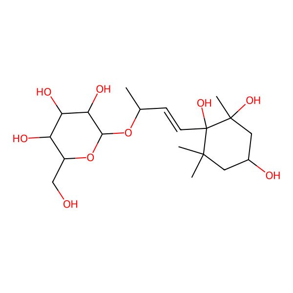 2D Structure of (2R,3S,4S,5R,6R)-2-(hydroxymethyl)-6-[(E,2R)-4-[(1S,2S,4S)-1,2,4-trihydroxy-2,6,6-trimethylcyclohexyl]but-3-en-2-yl]oxyoxane-3,4,5-triol