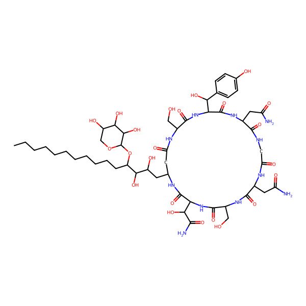 2D Structure of (2S)-2-[(3S,6S,9S,15R,18R,21R,25R)-9,15-bis(2-amino-2-oxoethyl)-25-[(2R,3R,4S)-2,3-dihydroxy-4-[(2S,3R,4S,5R)-3,4,5-trihydroxyoxan-2-yl]oxypentadecyl]-18-[(R)-hydroxy-(4-hydroxyphenyl)methyl]-6,21-bis(hydroxymethyl)-2,5,8,11,14,17,20,23-octaoxo-1,4,7,10,13,16,19,22-octazacyclopentacos-3-yl]-2-hydroxyacetamide
