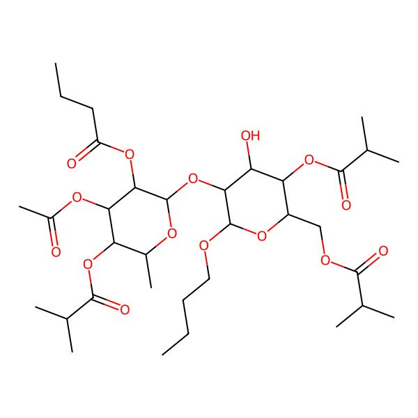 2D Structure of butanoyl(-2)[isobutyryl(-4)]Rha3Ac(b1-2)[isobutyryl(-4)][isobutyryl(-6)]Glc(b)-O-Bu