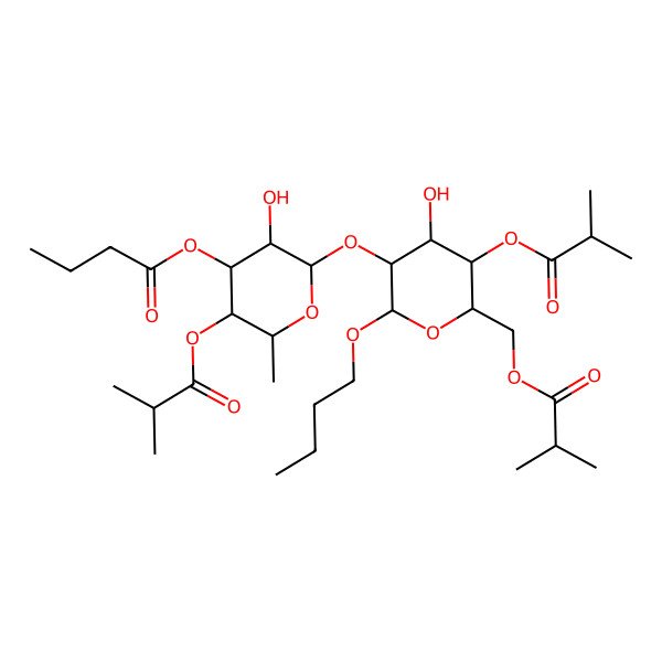 2D Structure of butanoyl(-3)[isobutyryl(-4)]Rha(b1-2)[isobutyryl(-4)][isobutyryl(-6)]Glc(b)-O-Bu
