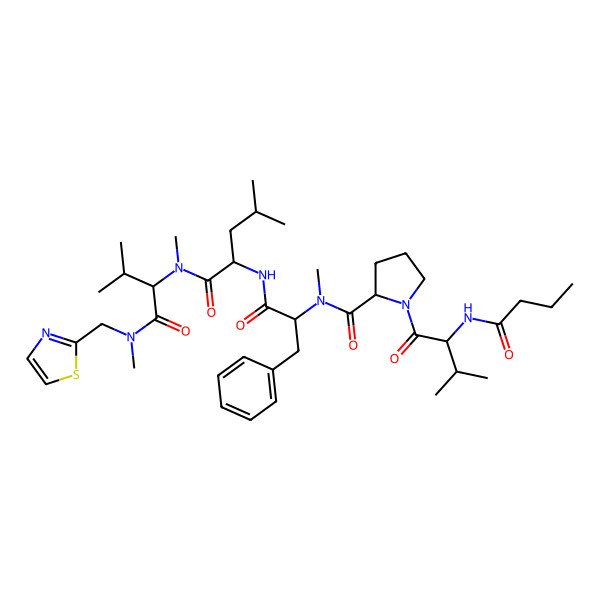 2D Structure of 1-[2-(butanoylamino)-3-methylbutanoyl]-N-methyl-N-[1-[[4-methyl-1-[methyl-[3-methyl-1-[methyl(1,3-thiazol-2-ylmethyl)amino]-1-oxobutan-2-yl]amino]-1-oxopentan-2-yl]amino]-1-oxo-3-phenylpropan-2-yl]pyrrolidine-2-carboxamide