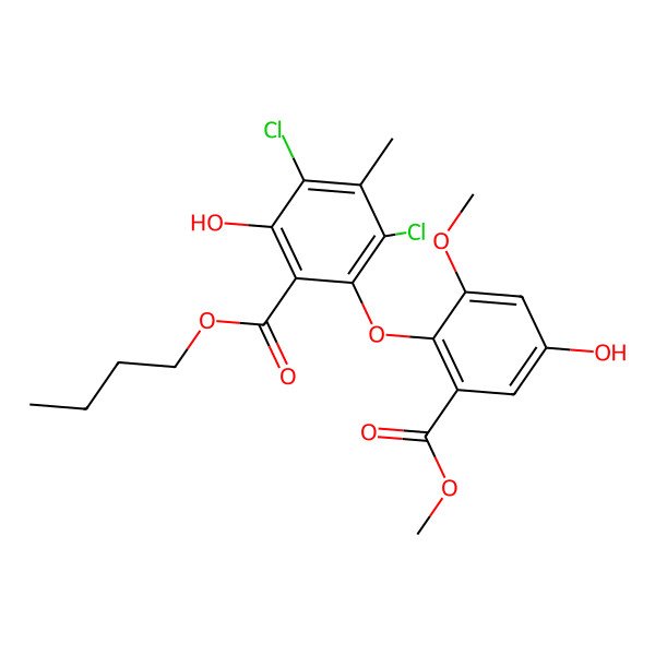 2D Structure of Butyl 3,5-dichloro-2-hydroxy-6-(4-hydroxy-2-methoxy-6-methoxycarbonylphenoxy)-4-methylbenzoate