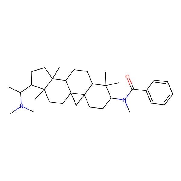 2D Structure of N-[(1S,3R,6S,8R,11S,12S,15S,16R)-15-[(1S)-1-(dimethylamino)ethyl]-7,7,12,16-tetramethyl-6-pentacyclo[9.7.0.01,3.03,8.012,16]octadecanyl]-N-methylbenzamide