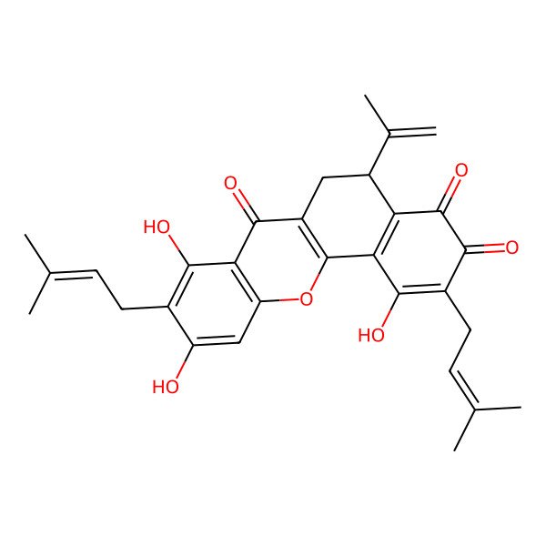 2D Structure of (5R)-1,8,10-trihydroxy-2,9-bis(3-methylbut-2-enyl)-5-prop-1-en-2-yl-5,6-dihydrobenzo[c]xanthene-3,4,7-trione