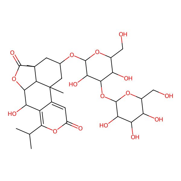 2D Structure of 14-[3,5-Dihydroxy-6-(hydroxymethyl)-4-[3,4,5-trihydroxy-6-(hydroxymethyl)oxan-2-yl]oxyoxan-2-yl]oxy-8-hydroxy-1,12-dimethyl-6-propan-2-yl-5,10-dioxatetracyclo[7.6.1.02,7.012,16]hexadeca-2,6-diene-4,11-dione