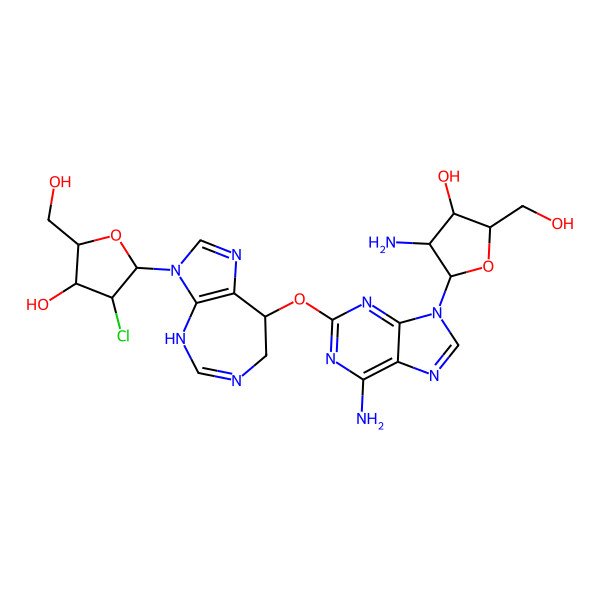 2D Structure of (2R,3S,4R,5R)-4-amino-5-[6-amino-2-[[(8R)-3-[(2R,3R,4R,5R)-3-chloro-4-hydroxy-5-(hydroxymethyl)oxolan-2-yl]-7,8-dihydro-4H-imidazo[4,5-d][1,3]diazepin-8-yl]oxy]purin-9-yl]-2-(hydroxymethyl)oxolan-3-ol