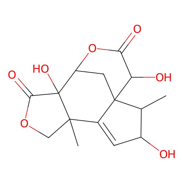2D Structure of (1R,2S,3R,6R,10R,11R,14R)-3,10,14-trihydroxy-2,6-dimethyl-8,12-dioxatetracyclo[9.3.1.01,5.06,10]pentadec-4-ene-9,13-dione