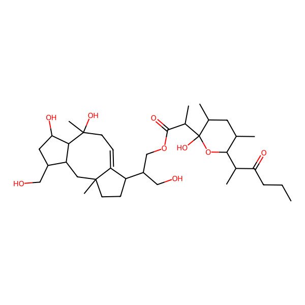 2D Structure of [2-[(1R,3R,6R,10S,11S,12R,14R)-10,12-dihydroxy-14-(hydroxymethyl)-3,10-dimethyl-6-tricyclo[9.3.0.03,7]tetradec-7-enyl]-3-hydroxypropyl] 2-[2-hydroxy-3,5-dimethyl-6-(3-oxohexan-2-yl)oxan-2-yl]propanoate