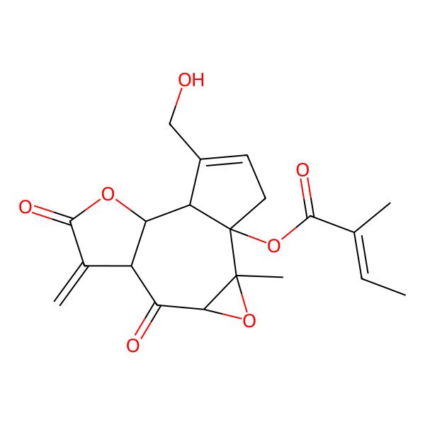 2D Structure of [12-(Hydroxymethyl)-2-methyl-7-methylidene-5,8-dioxo-3,9-dioxatetracyclo[9.3.0.02,4.06,10]tetradec-12-en-1-yl] 2-methylbut-2-enoate