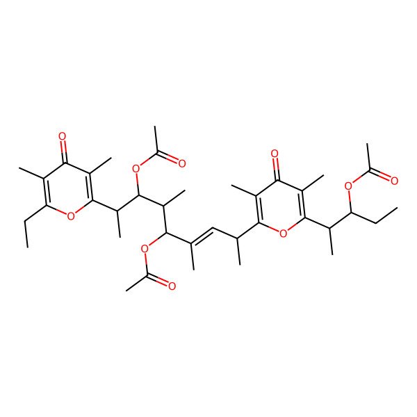 2D Structure of [(2S,3S)-2-[6-[(E,2R,5S,6R,7R,8R)-5,7-diacetyloxy-8-(6-ethyl-3,5-dimethyl-4-oxopyran-2-yl)-4,6-dimethylnon-3-en-2-yl]-3,5-dimethyl-4-oxopyran-2-yl]pentan-3-yl] acetate