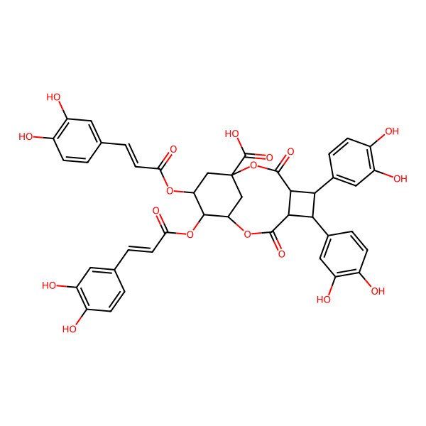 2D Structure of 5,6-Bis(3,4-dihydroxyphenyl)-11,12-bis[3-(3,4-dihydroxyphenyl)prop-2-enoyloxy]-3,8-dioxo-2,9-dioxatricyclo[8.3.1.04,7]tetradecane-1-carboxylic acid