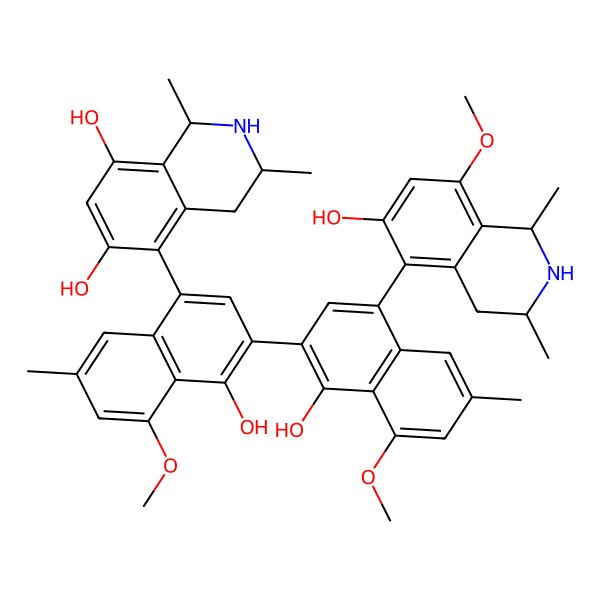 2D Structure of (1S,3S)-5-[4-hydroxy-3-[1-hydroxy-4-[(1S,3R)-6-hydroxy-8-methoxy-1,3-dimethyl-1,2,3,4-tetrahydroisoquinolin-5-yl]-8-methoxy-6-methylnaphthalen-2-yl]-5-methoxy-7-methylnaphthalen-1-yl]-1,3-dimethyl-1,2,3,4-tetrahydroisoquinoline-6,8-diol