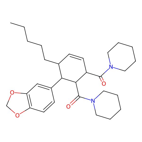 2D Structure of [5-(1,3-Benzodioxol-5-yl)-4-pentyl-6-(piperidine-1-carbonyl)cyclohex-2-en-1-yl]-piperidin-1-ylmethanone
