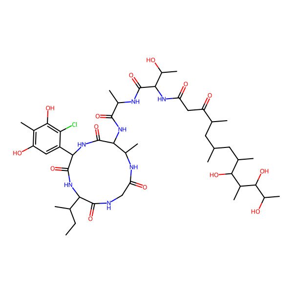 2D Structure of N-[1-[[1-[[5-butan-2-yl-2-(2-chloro-3,5-dihydroxy-4-methylphenyl)-11-methyl-3,6,9,13-tetraoxo-1,4,7,10-tetrazacyclotridec-12-yl]amino]-1-oxopropan-2-yl]amino]-3-hydroxy-1-oxobutan-2-yl]-9,11,12-trihydroxy-4,6,8,10-tetramethyl-3-oxotridecanamide
