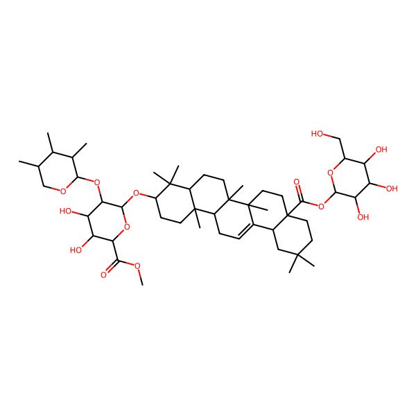 2D Structure of methyl (2S,3S,4S,5R,6R)-6-[[(3S,4aR,6aR,6bS,8aS,12aS,14aR,14bR)-4,4,6a,6b,11,11,14b-heptamethyl-8a-[(2S,3R,4S,5S,6R)-3,4,5-trihydroxy-6-(hydroxymethyl)oxan-2-yl]oxycarbonyl-1,2,3,4a,5,6,7,8,9,10,12,12a,14,14a-tetradecahydropicen-3-yl]oxy]-3,4-dihydroxy-5-[(2S,3R,4S,5S)-3,4,5-trimethyloxan-2-yl]oxyoxane-2-carboxylate