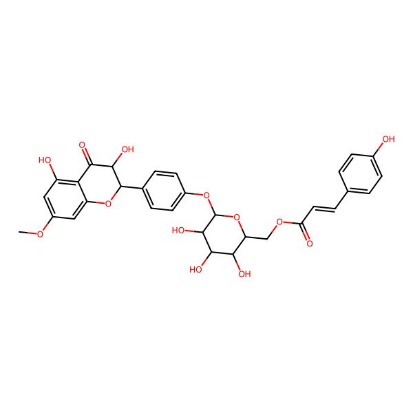 2D Structure of [(2R,3S,4S,5R,6S)-6-[4-[(2S,3S)-3,5-dihydroxy-7-methoxy-4-oxo-2,3-dihydrochromen-2-yl]phenoxy]-3,4,5-trihydroxyoxan-2-yl]methyl (E)-3-(4-hydroxyphenyl)prop-2-enoate
