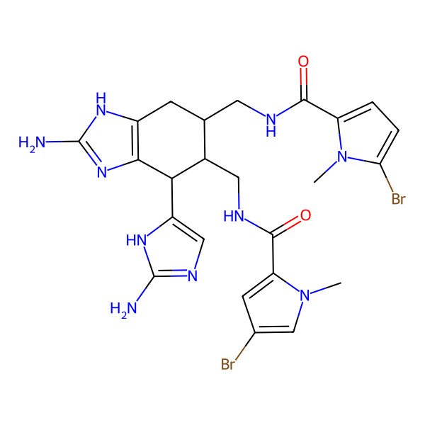 2D Structure of N-[[2-amino-7-(2-amino-1H-imidazol-5-yl)-6-[[(4-bromo-1-methylpyrrole-2-carbonyl)amino]methyl]-4,5,6,7-tetrahydro-3H-benzimidazol-5-yl]methyl]-5-bromo-1-methylpyrrole-2-carboxamide