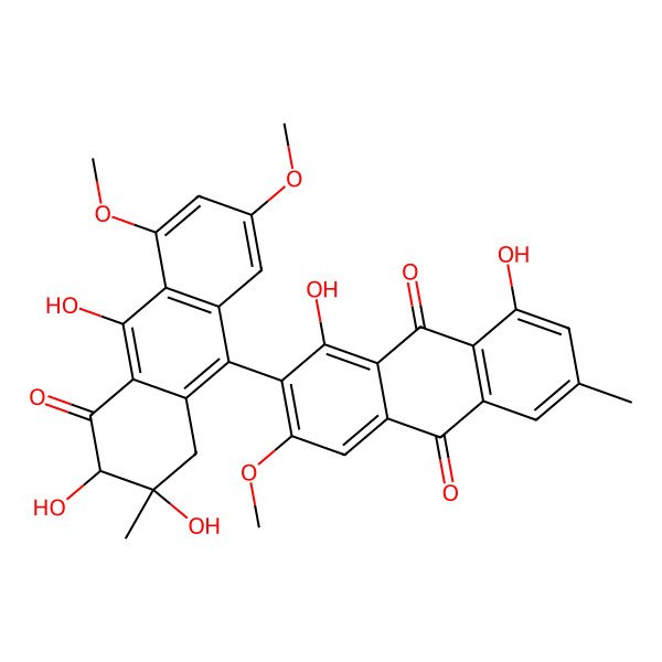 2D Structure of 1,8-Dihydroxy-3-methoxy-6-methyl-2-(2,3,10-trihydroxy-5,7-dimethoxy-2-methyl-4-oxo-1,3-dihydroanthracen-9-yl)anthracene-9,10-dione