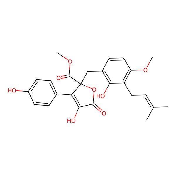 2D Structure of Methyl 4-hydroxy-2-[[2-hydroxy-4-methoxy-3-(3-methylbut-2-enyl)phenyl]methyl]-3-(4-hydroxyphenyl)-5-oxofuran-2-carboxylate