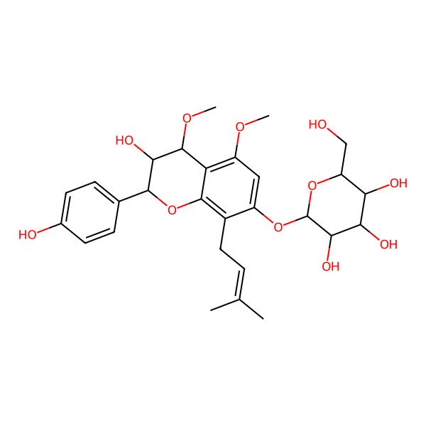 2D Structure of (2S,3R,4S,5S,6R)-2-[[(2R,3S,4S)-3-hydroxy-2-(4-hydroxyphenyl)-4,5-dimethoxy-8-(3-methylbut-2-enyl)-3,4-dihydro-2H-chromen-7-yl]oxy]-6-(hydroxymethyl)oxane-3,4,5-triol