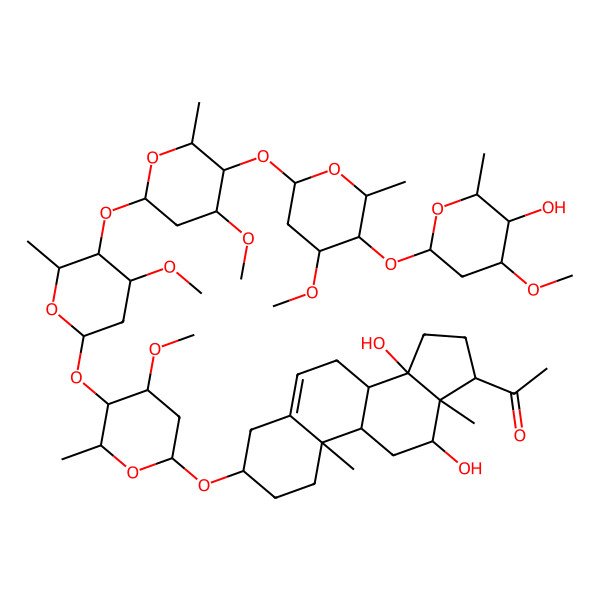 2D Structure of 1-[12,14-Dihydroxy-3-[5-[5-[5-[5-(5-hydroxy-4-methoxy-6-methyloxan-2-yl)oxy-4-methoxy-6-methyloxan-2-yl]oxy-4-methoxy-6-methyloxan-2-yl]oxy-4-methoxy-6-methyloxan-2-yl]oxy-4-methoxy-6-methyloxan-2-yl]oxy-10,13-dimethyl-1,2,3,4,7,8,9,11,12,15,16,17-dodecahydrocyclopenta[a]phenanthren-17-yl]ethanone