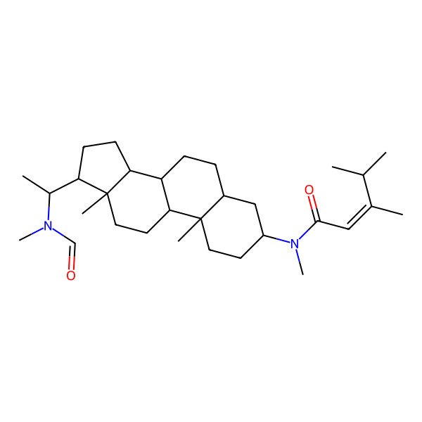 2D Structure of N-[17-[1-[formyl(methyl)amino]ethyl]-10,13-dimethyl-2,3,4,5,6,7,8,9,11,12,14,15,16,17-tetradecahydro-1H-cyclopenta[a]phenanthren-3-yl]-N,3,4-trimethylpent-2-enamide