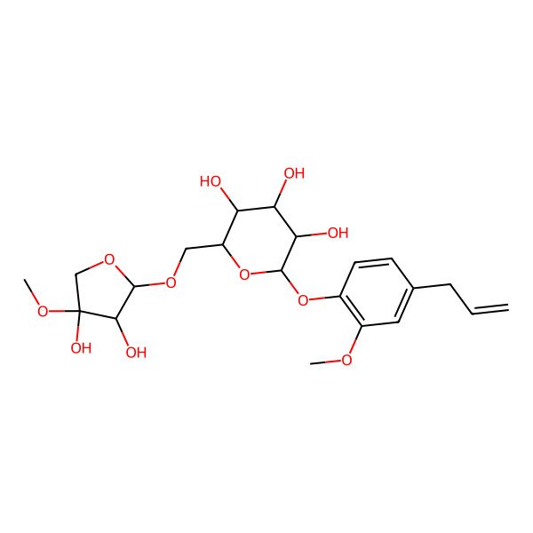 2D Structure of 2-[(3,4-Dihydroxy-4-methoxyoxolan-2-yl)oxymethyl]-6-(2-methoxy-4-prop-2-enylphenoxy)oxane-3,4,5-triol