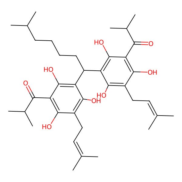 2D Structure of 2-Methyl-1-[2,4,6-trihydroxy-3-(3-methylbut-2-enyl)-5-[6-methyl-1-[2,4,6-trihydroxy-3-(3-methylbut-2-enyl)-5-(2-methylpropanoyl)phenyl]heptyl]phenyl]propan-1-one