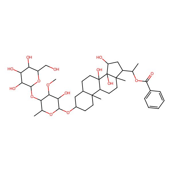 2D Structure of [(1S)-1-[(3S,5S,8S,9R,10S,13R,14S,15R,17S)-8,14,15-trihydroxy-3-[(2R,3R,4S,5S,6R)-3-hydroxy-4-methoxy-6-methyl-5-[(2S,3R,4S,5R,6R)-3,4,5-trihydroxy-6-(hydroxymethyl)oxan-2-yl]oxyoxan-2-yl]oxy-10,13-dimethyl-2,3,4,5,6,7,9,11,12,15,16,17-dodecahydro-1H-cyclopenta[a]phenanthren-17-yl]ethyl] benzoate