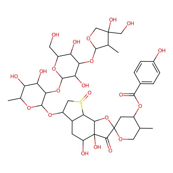 2D Structure of [6-[3-[3,5-dihydroxy-4-[4-hydroxy-4-(hydroxymethyl)-3-methyloxolan-2-yl]oxy-6-(hydroxymethyl)oxan-2-yl]oxy-4,5-dihydroxy-6-methyloxan-2-yl]oxy-3a,4-dihydroxy-5'-methyl-3,8-dioxospiro[5,5a,6,7,8a,8b-hexahydro-4H-thieno[3,2-g][1]benzofuran-2,2'-oxane]-4'-yl] 4-hydroxybenzoate