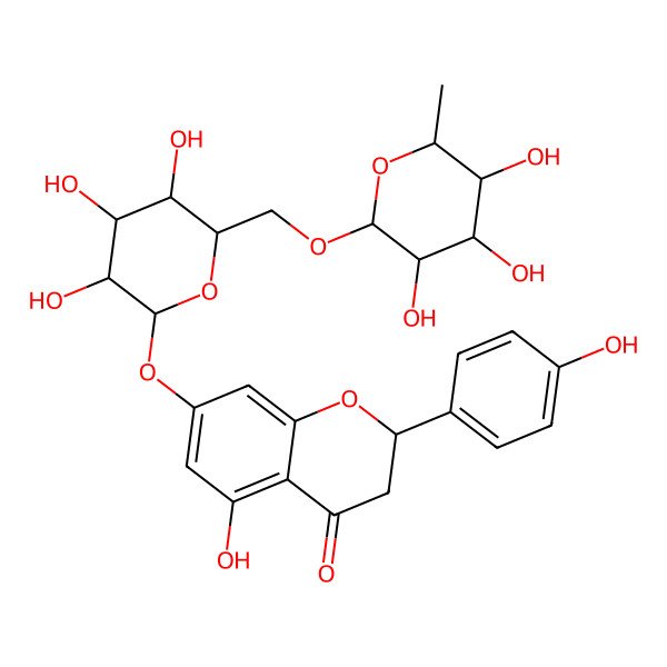 2D Structure of 5-hydroxy-2-(4-hydroxyphenyl)-7-[(2S,3R,4S,5S,6R)-3,4,5-trihydroxy-6-[[(2R,3R,4R,5R,6S)-3,4,5-trihydroxy-6-methyloxan-2-yl]oxymethyl]oxan-2-yl]oxy-2,3-dihydrochromen-4-one